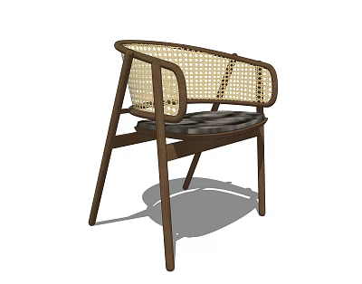 Modern Dark Brown Wooden Frame Dining Chair With Rattan Backrest And Cushioned Seat 3d model