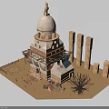 Cartoon Scene With Ancient Building Dome Multi Level Structure Columns Withered Tree And Sandy Ground 3d model