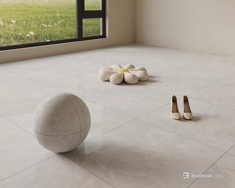 Light Gray Ceramic Floor Tiles Indoor With Decorative Sphere Flower Cushion And Shoes 3d model 