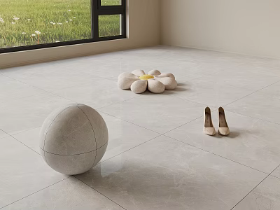 Light Gray Ceramic Floor Tiles Indoor With Decorative Sphere Flower Cushion And Shoes 3d model