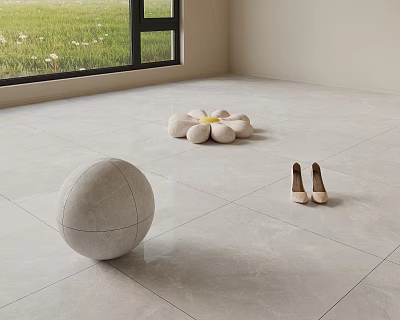 Light Gray Ceramic Floor Tiles Indoor With Decorative Sphere Flower Cushion And Shoes 3d model