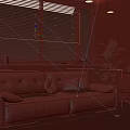 Black Leather Two Seater Sofa with Potted Plant and Bookshelf by Window Blinds