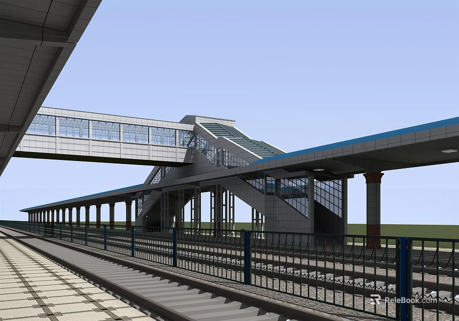 Modern Railway Station Platform Featuring Glass Footbridge Steel Columns And Rail Tracks 3d model 
