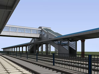 Modern Railway Station Platform Featuring Glass Footbridge Steel Columns And Rail Tracks 3d model