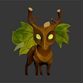 Cartoon Deer Character With Wooden Antlers Green Leaves And Glowing Eyes