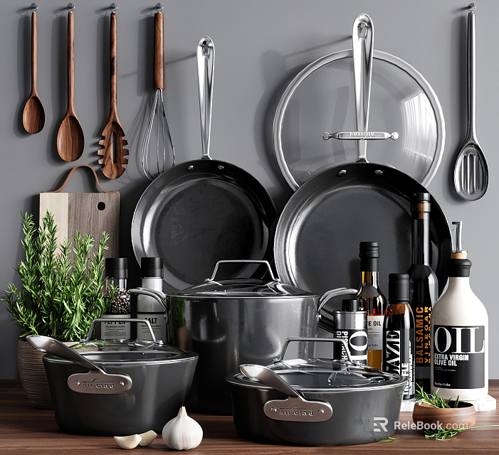 Essential Cookware and Kitchen Utensils with Pots Pans Wooden Spoons Whisk Herbs and Cutting Board 3d model 
