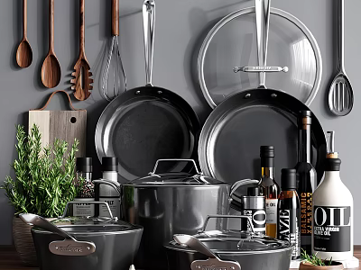 Essential Cookware and Kitchen Utensils with Pots Pans Wooden Spoons Whisk Herbs and Cutting Board 3d model