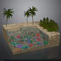 Miniature Landscape Scene With Sandy Ground Water Pool Palm Trees Green Shrubs And Colorful Corals