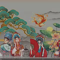 Traditional Chinese Opera Characters With Pine Trees Phoenix Lotus Flowers And Mountains