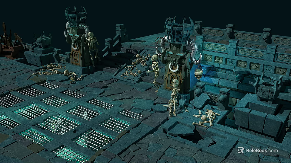 Cartoon Scene Of Ancient Temple Ruins With Skeletons And Stone Platforms 3d model 