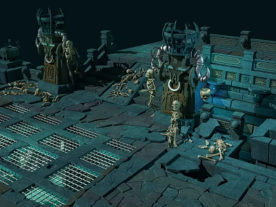 Cartoon Scene Of Ancient Temple Ruins With Skeletons And Stone Platforms 3d model