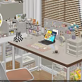 Home Office Desk Workspace With Decorative Ornament Set Laptop Keyboard Checkerboard Decor And Storage Boxes