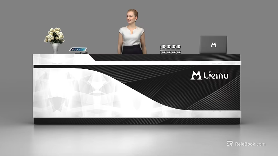 Modern Reception Desk With Logo M lienu Receptionist Flower Vase Tablet And Laptop 3d model 