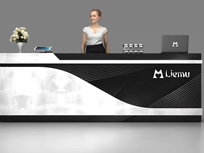 Modern Reception Desk With Logo M lienu Receptionist Flower Vase Tablet And Laptop 3d model