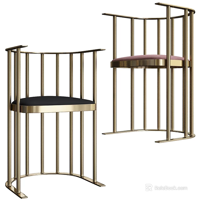 Modern Accent Chairs With Brass Metal Frame And Upholstered Black Pink Seats 3d model 