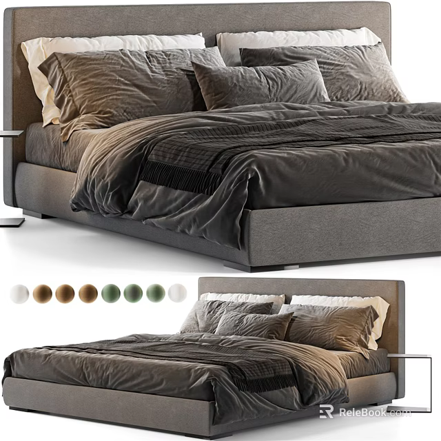 Modern Upholstered Double Bed With Plush Pillows And Comforter Featuring Multiple Colors 3d model