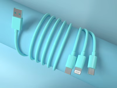 Light Blue Multi Port Phone Charging Cable With USB Lightning And USB C Connectors 3d model