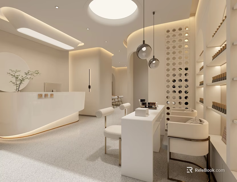Modern SPA Sauna Interior With Reception Counter Pendant Lights And Comfortable Chairs 3d model 