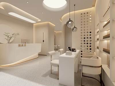 Modern SPA Sauna Interior With Reception Counter Pendant Lights And Comfortable Chairs 3d model