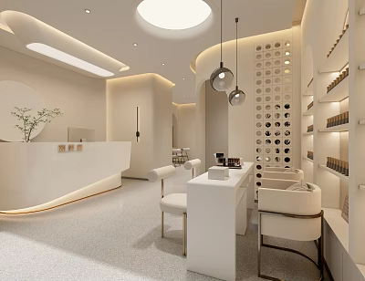 Modern SPA Sauna Interior With Reception Counter Pendant Lights And Comfortable Chairs 3d model