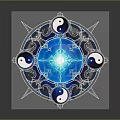 Mystical Yin Yang Symbols In Blue Glowing Circular Pattern With Decorative Lines