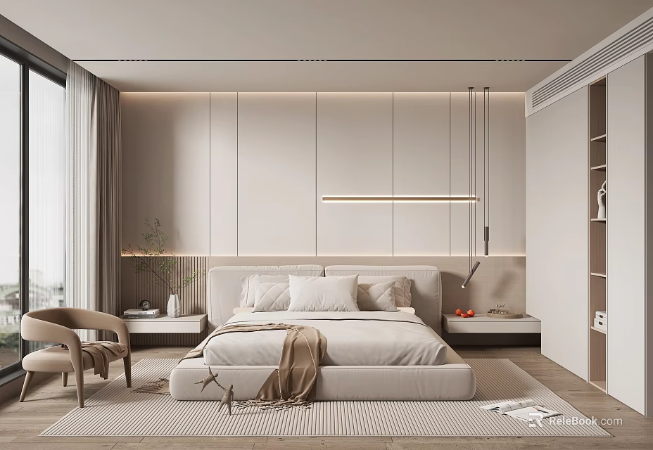 Modern Bedroom Interior Design With Neutral Tones Bedhead Panel Linear Light And Accent Chair 3d model