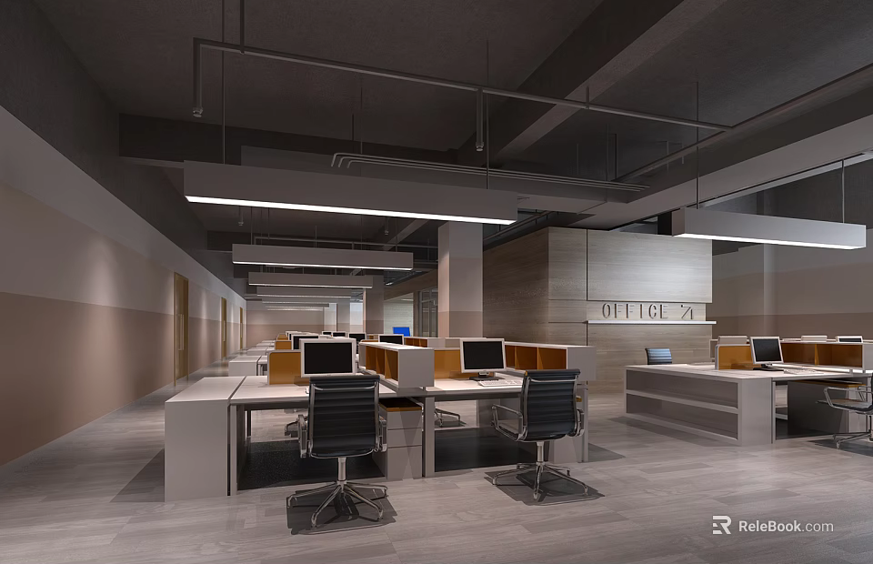 Modern Public Office Space With Multiple Workstations Computer Monitors And Linear Ceiling Lights 3d model