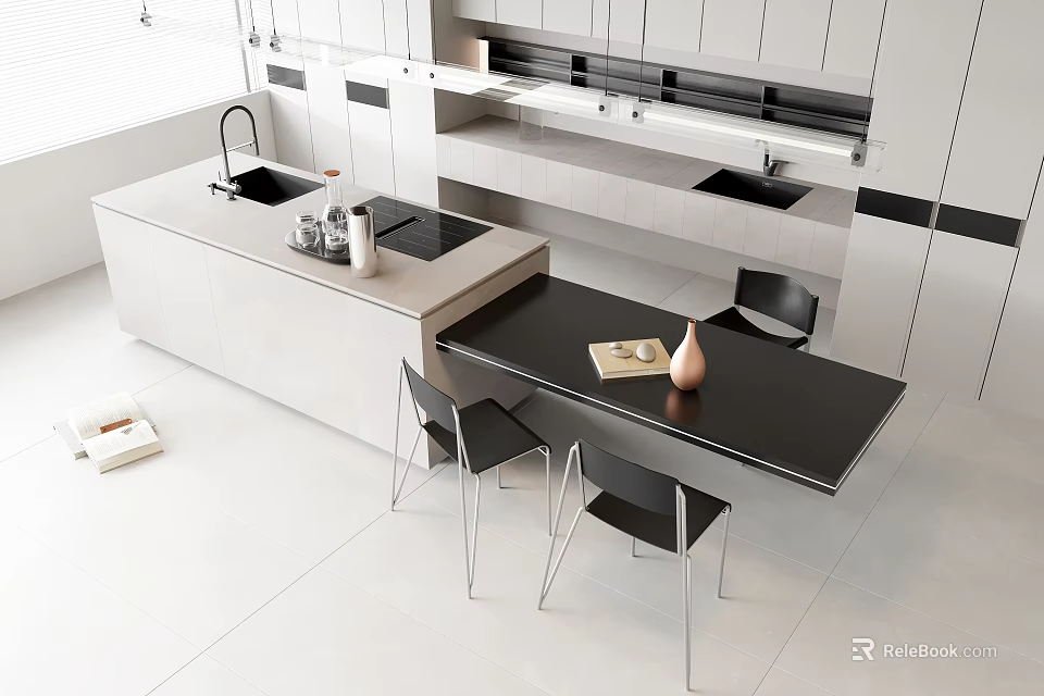 Modern Open Kitchen Interior With Island Counter Dining Table And Cabinets 3d model 