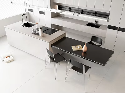 Modern Open Kitchen Interior With Island Counter Dining Table And Cabinets 3d model