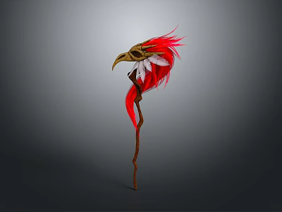 Mystical Weapon Staff Featuring Bird Head Decor And Red White Feathers On Wooden Handle 3d model