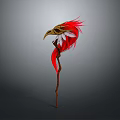 Mystical Weapon Staff Featuring Bird Head Decor And Red White Feathers On Wooden Handle
