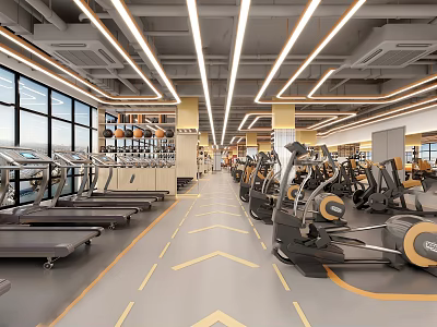 Spacious Modern Gym Interior With Treadmills Ellipticals Large Windows And Linear Lights 3d model