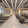 Spacious Modern Gym Interior With Treadmills Ellipticals Large Windows And Linear Lights