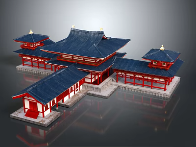 Ancient Architecture with Blue Tiled Roofs Red Wooden Structures and Overhanging Eaves in Classic Design 3d model