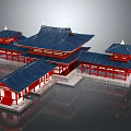 Ancient Architecture with Blue Tiled Roofs Red Wooden Structures and Overhanging Eaves in Classic Design