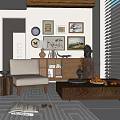 Living Room Dresser With Decorative Paintings Table Lamp Books Alligator Figurine Sculpture And Gray Chair