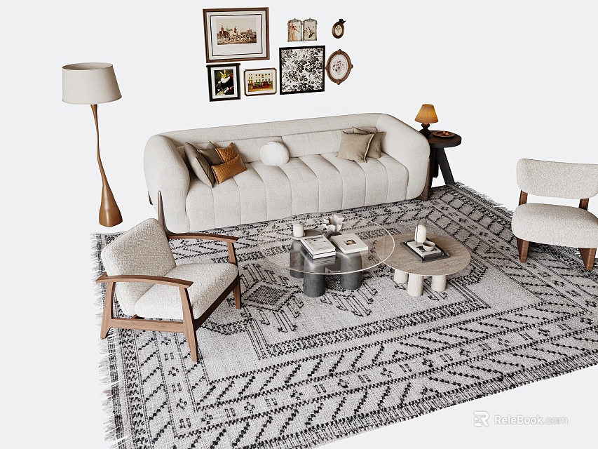 Modern Living Room Sofa Coffee Table Set With Accent Chairs Patterned Rug And Wall Art 3d model 