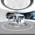 Modern Exhibition Hall Space With Blue Lit Counter Glass Railing Stairs And White Walls