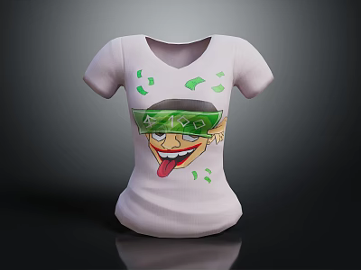 Playful White T shirt With Cartoon Graphic Featuring Green Goggles Sticking Tongue And Green Dots 3d model