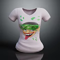Playful White T shirt With Cartoon Graphic Featuring Green Goggles Sticking Tongue And Green Dots