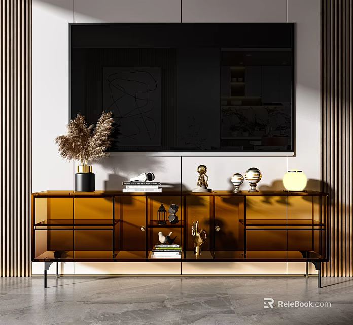 Modern TV Stand With Glass Doors And Decorative Items Pampas Grass Lamp And Wall Panel 3d model 