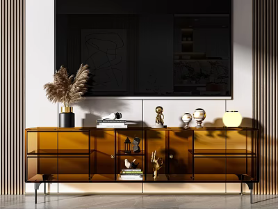 Modern TV Stand With Glass Doors And Decorative Items Pampas Grass Lamp And Wall Panel 3d model