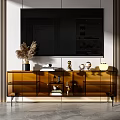 Modern TV Stand With Glass Doors And Decorative Items Pampas Grass Lamp And Wall Panel