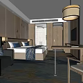 Modern Hotel Room Interior With Comfortable Bed Sofa Wooden Table Pendant Light And Decorative Rug