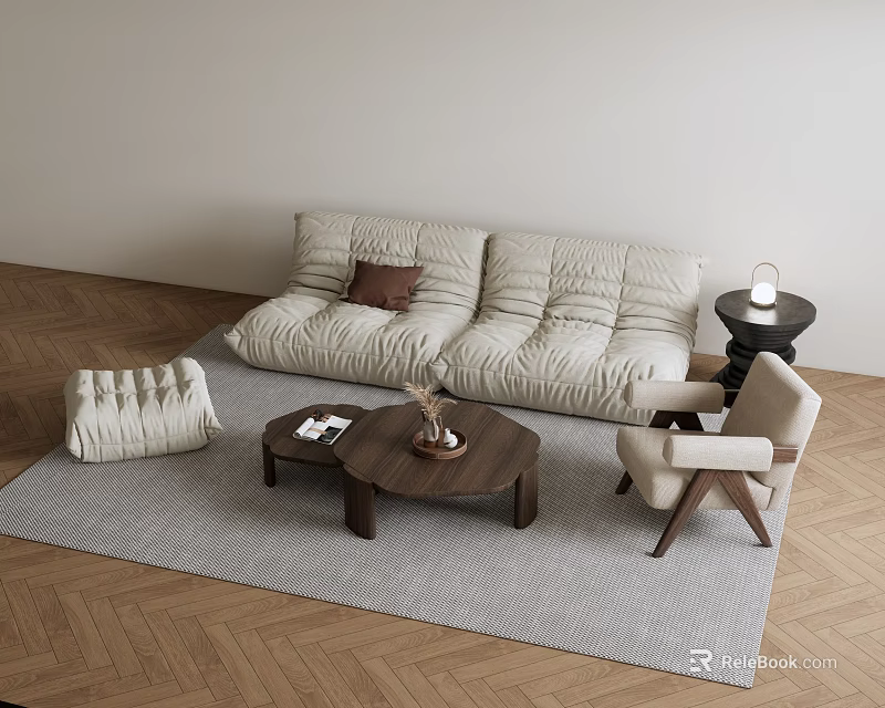 Modern Minimalist Sofa Coffee Table Set With Armchair Rug And Wooden Floor Pillows 3d model 