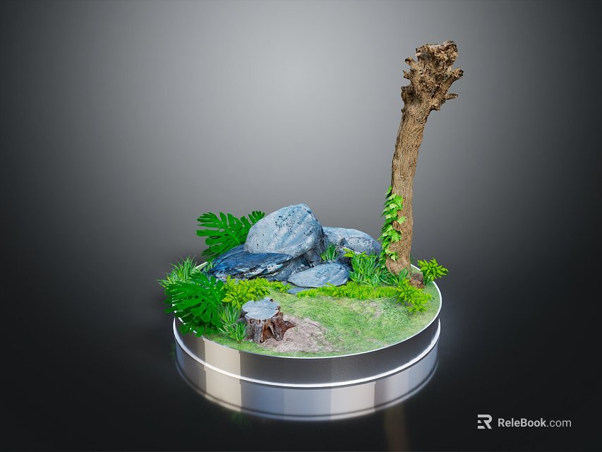 Cartoon Scene With Green Grass Rocks Tree Trunk Plants Round Table Stool On Circular Base 3d model 