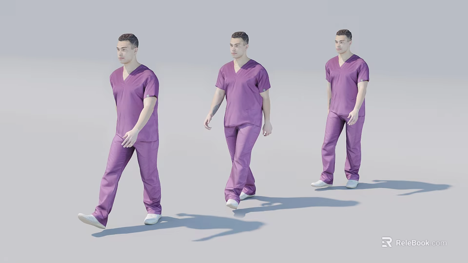 Three Men In Purple Scrubs Walking In Different Poses On Gray Background 3d model 