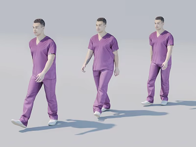 Three Men In Purple Scrubs Walking In Different Poses On Gray Background 3d model
