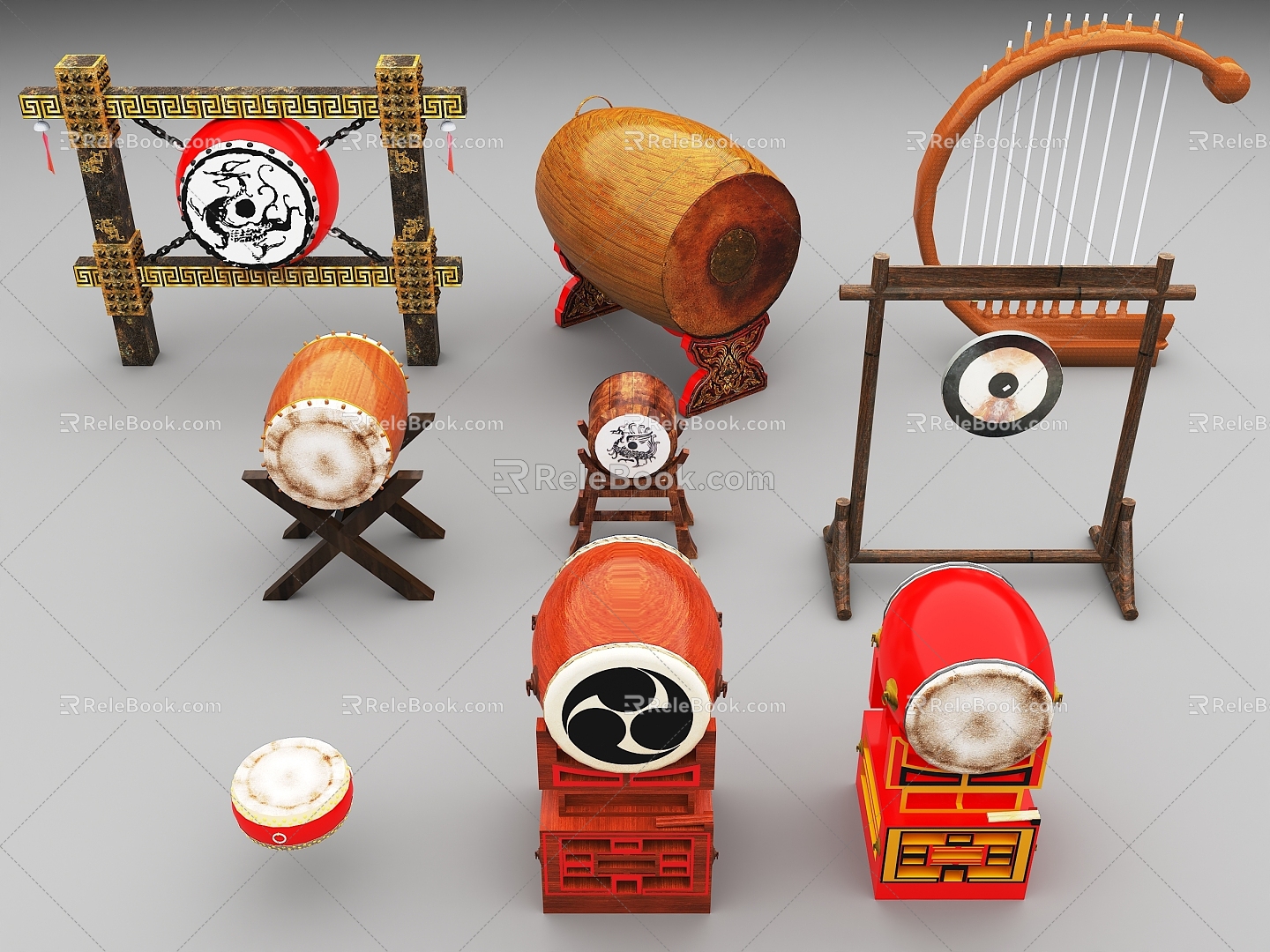 Drums, gongs, harps, ancient drums, ethnic drums, ethnic minority drums, ethnic musical instruments, ethnic minority musical instruments 3d model