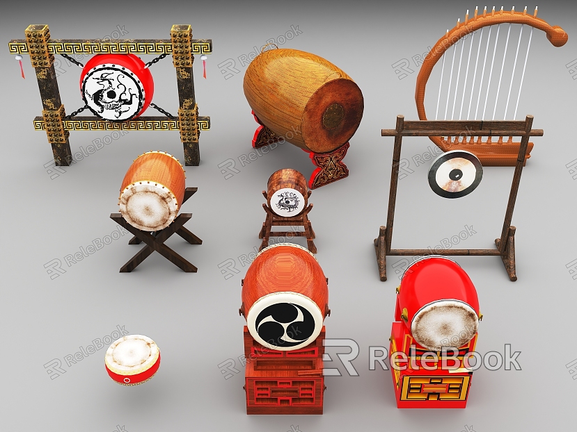 Drums, gongs, harps, ancient drums, ethnic drums, ethnic minority drums, ethnic musical instruments, ethnic minority musical instruments model